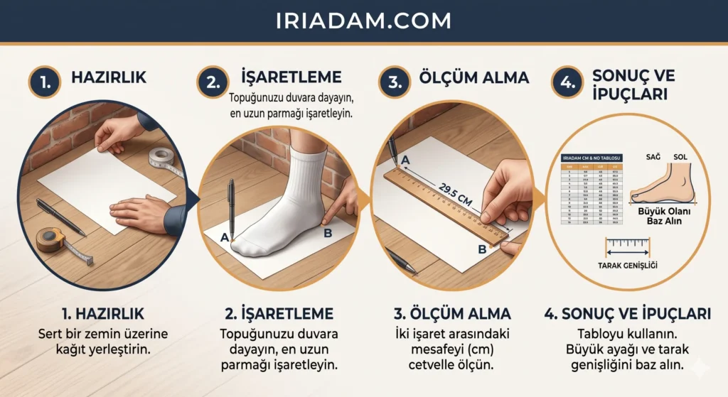 Evde A4 kağıdı, kalem ve mezura kullanarak doğru ayak uzunluğu ölçümü ve tarak genişliği hesaplama işlemi.
