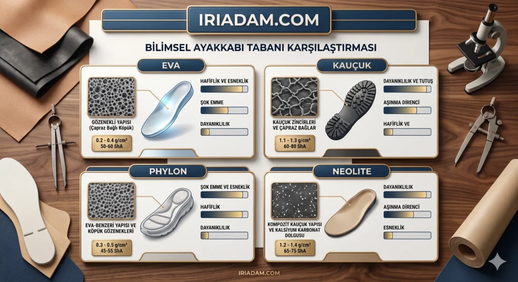 Kauçuk, EVA, Neolit ve poliüretan gibi farklı kullanım amaçlarına göre üretilmiş ayakkabı taban çeşitleri ve zemin tutuş teknolojileri.