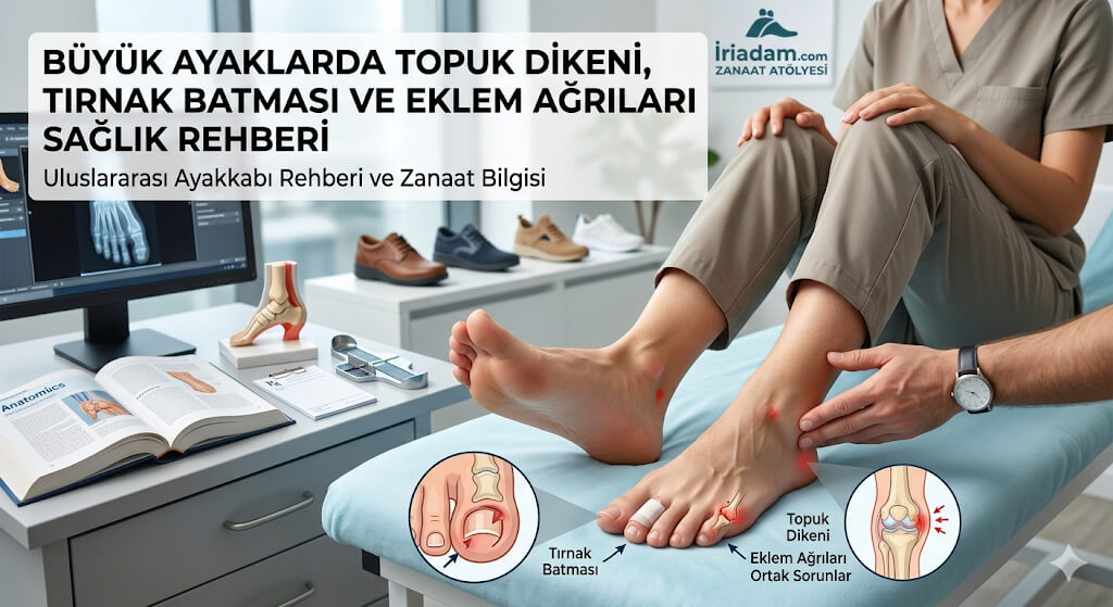 Büyük ayaklarda topuk dikeni tırnak batması ve eklem ağrısı ilişkisini anlatan sağlık rehberi görseli
