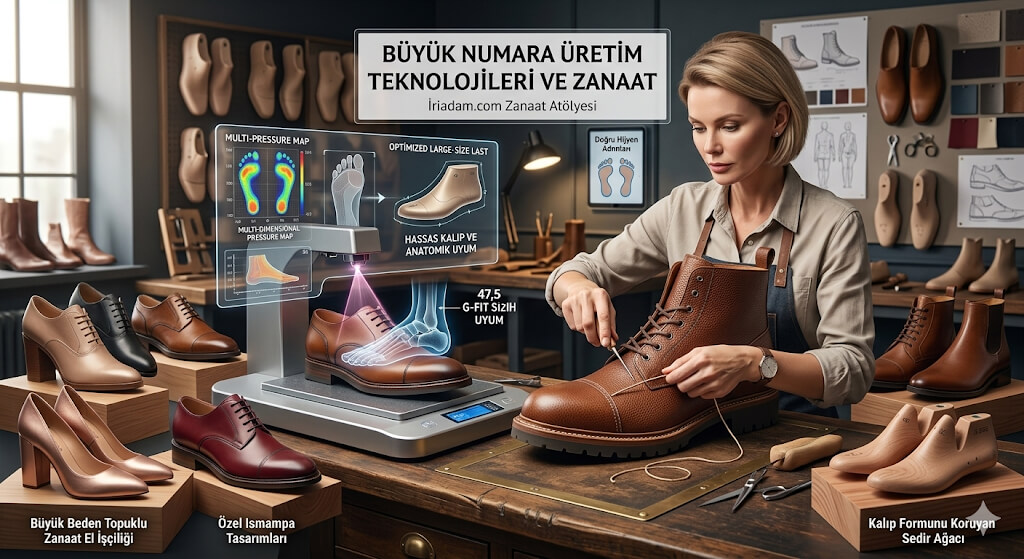 Büyük numara ayakkabı üretiminde kalıp saya taban ve zanaat sürecini anlatan görsel