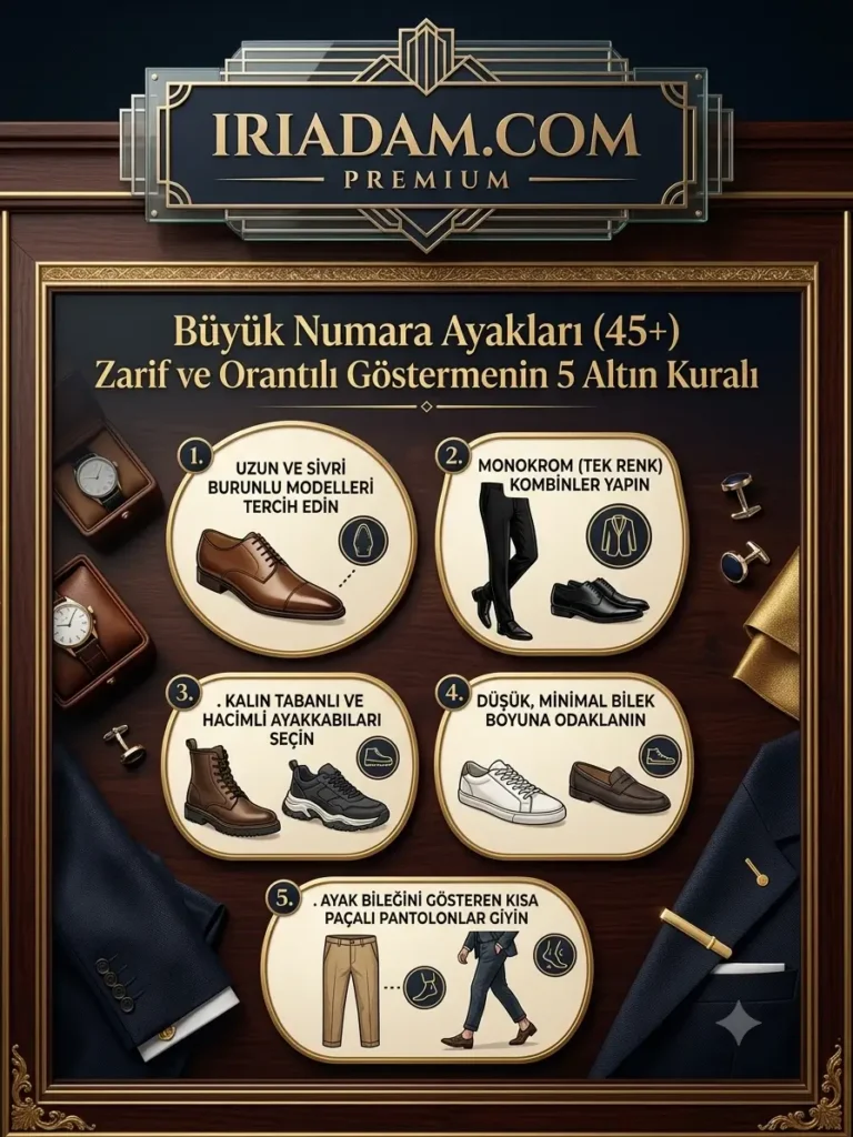 Büyük numara ayakları daha küçük ve orantılı gösteren oval burunlu ayakkabı seçimi ve doğru pantolon paçası uyumu.