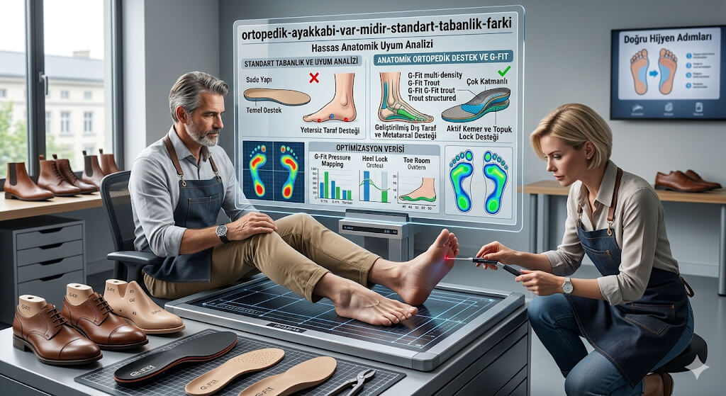 Standart ayakkabı ile kişiye özel ortopedik tabanlık farkını anlatan rehber görseli