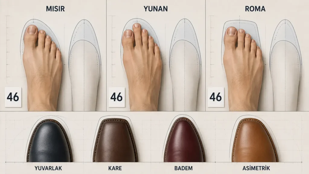 46 numara büyük ayakta Mısır, Yunan ve Roma parmak dizilimlerinin yuvarlak, kare, badem ve asimetrik burun formlarıyla karşılaştırılması